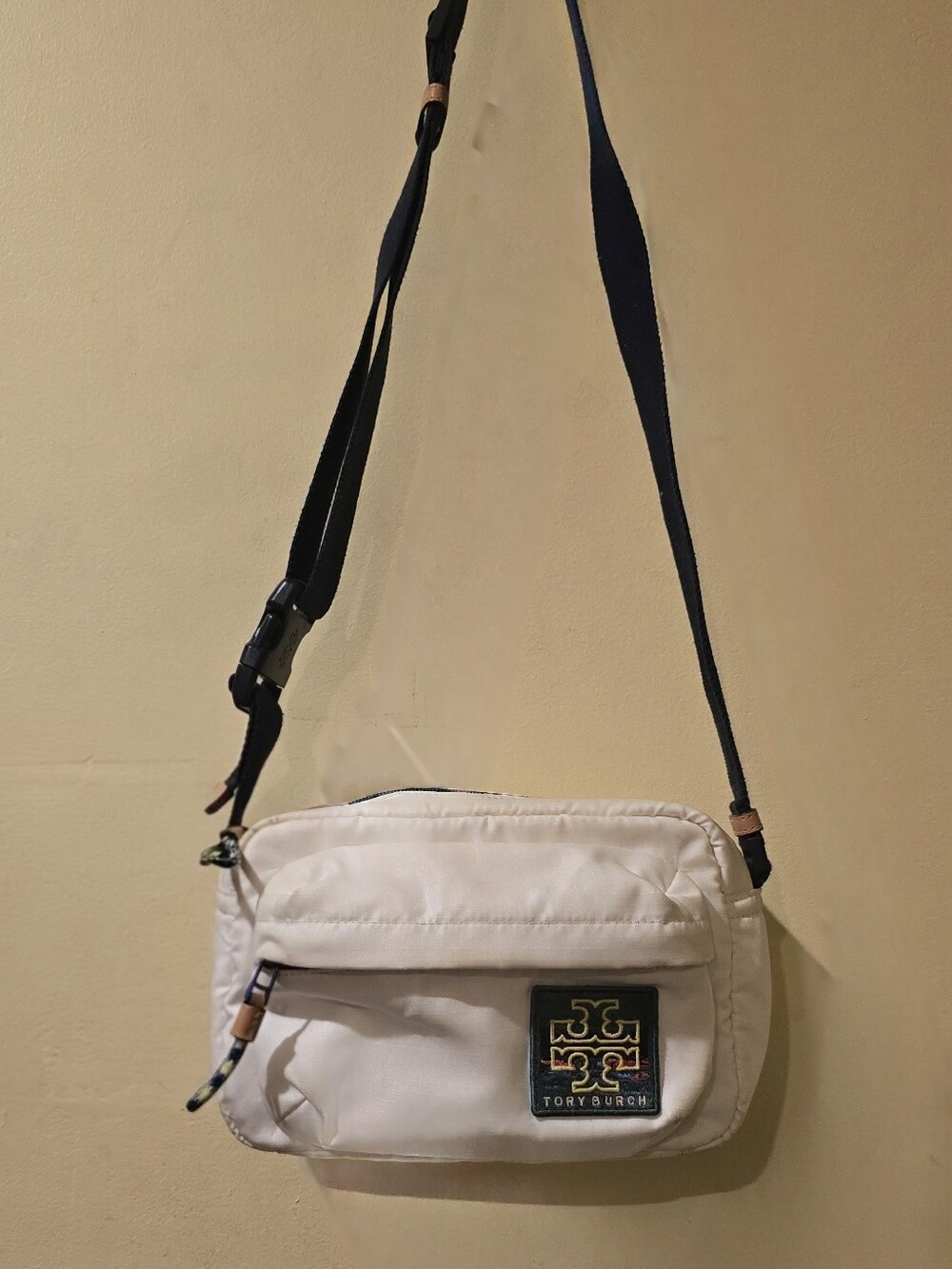 Tory Burch Ripstop OffWhite Crossbody with Navy Strap Bag